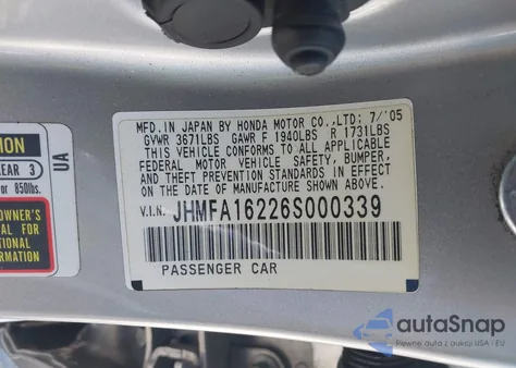 2006 Honda Civic Dx from USA, damaged, VIN JHMFA16226S000339